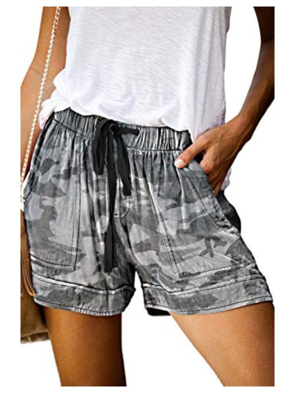 KISSMODA Womens Camo Denim Hot Pants Drawstring High Waisted Raw Hem Beach